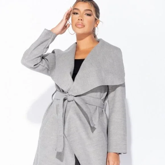 Jackets Coats Grey Mid Length Belted Waterfall Coat Poshmark